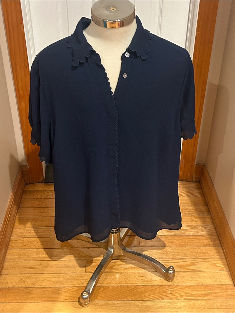 CeCe Navy Scallop-Edge Button Down Blouse